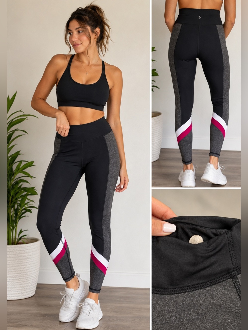 Betsey Johnson Performance Colorblock Athletic Leggings Black Gray Pink M